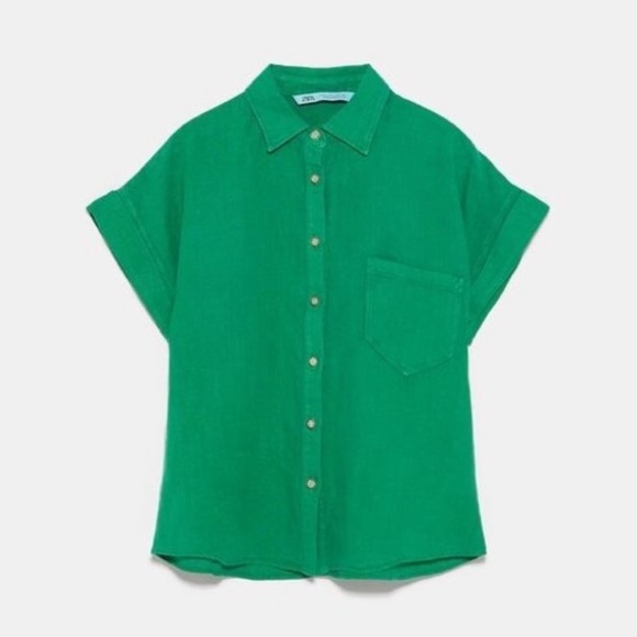 Zara Kelly Green Linen Pocket Cropped Blouse - M - Picture 14 of 14